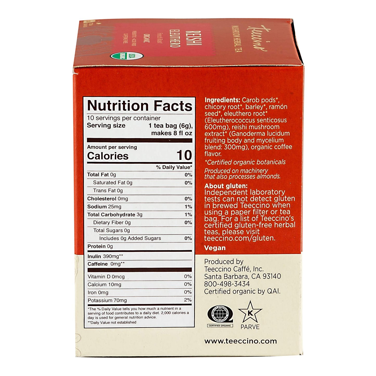 Teeccino Reishi Eleuthero Herbal Tea - Organic, Caffeine Free, 10 Tea Bags, French Roast