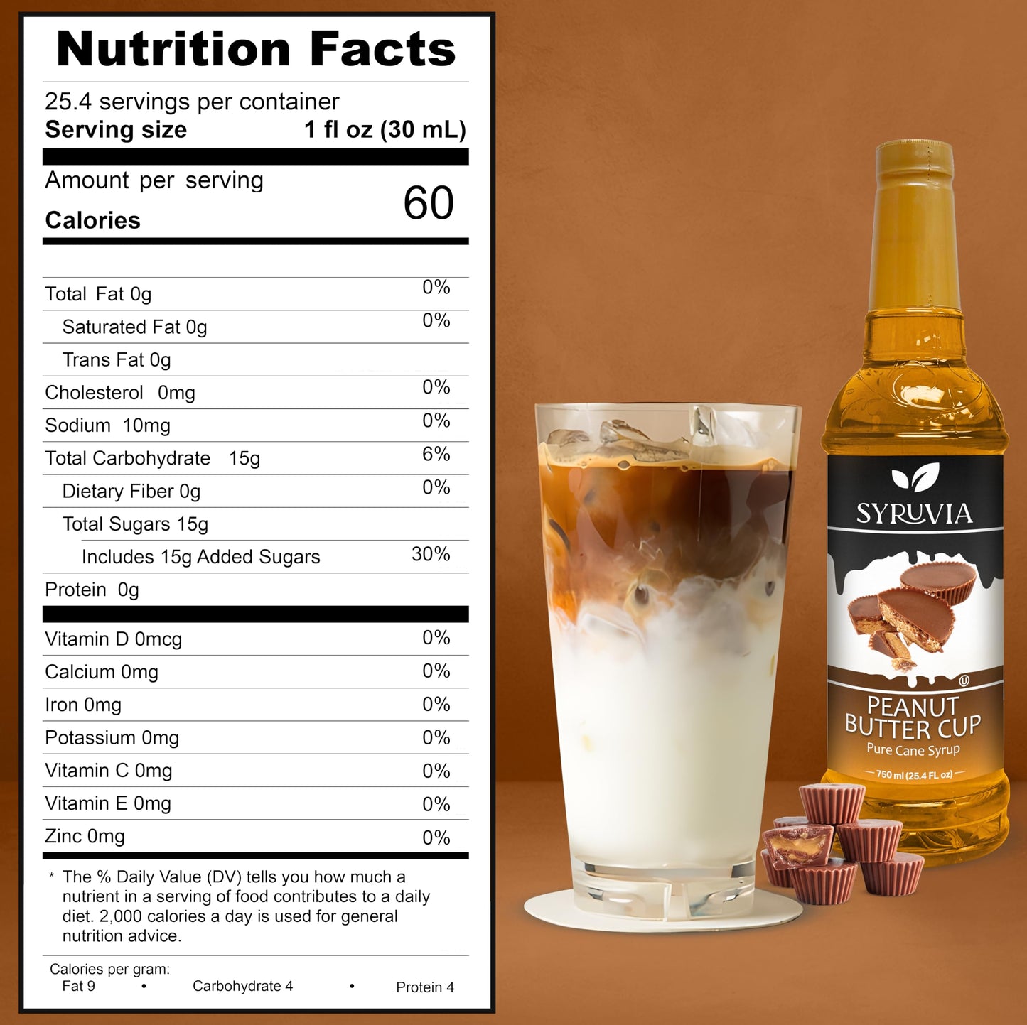 Syruvia Peanut Butter Cup Syrup - Peanut Butter Cup Coffee Syrup Flavor, 25.4 Fl Oz, Kosher, Gluten Free, Perfect For Coffee, Dr