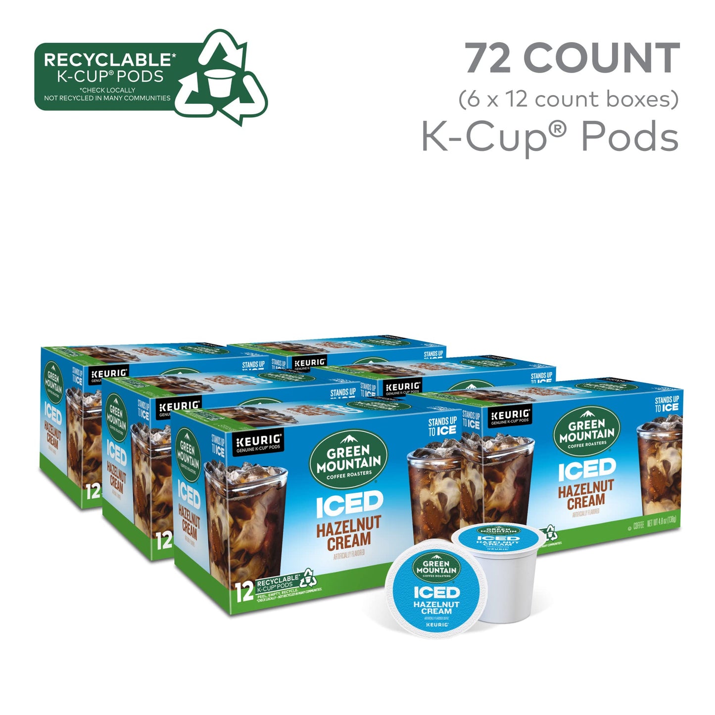 Green Mountain Coffee Roasters Iced Hazelnut Cream, Single Serve Keurig K-Cup Pods, Flavored Iced Coffee, 72 Count