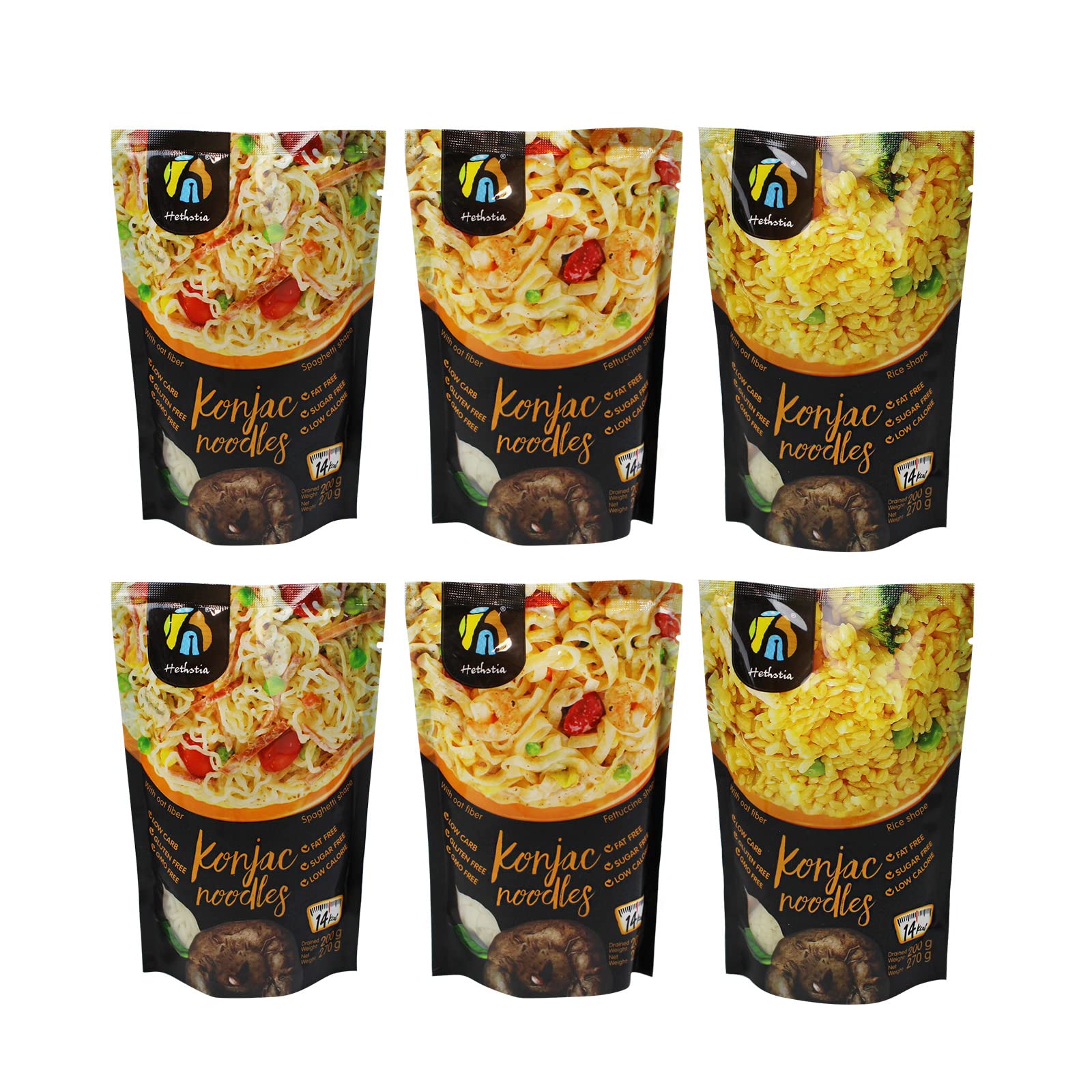 Hethstia Shirataki Noodle Low-Carb Pasta Variety Pack- Spaghetti, Fettuccine and Rice, Low Calorie Konjac Noodles Sugar Free, Gl