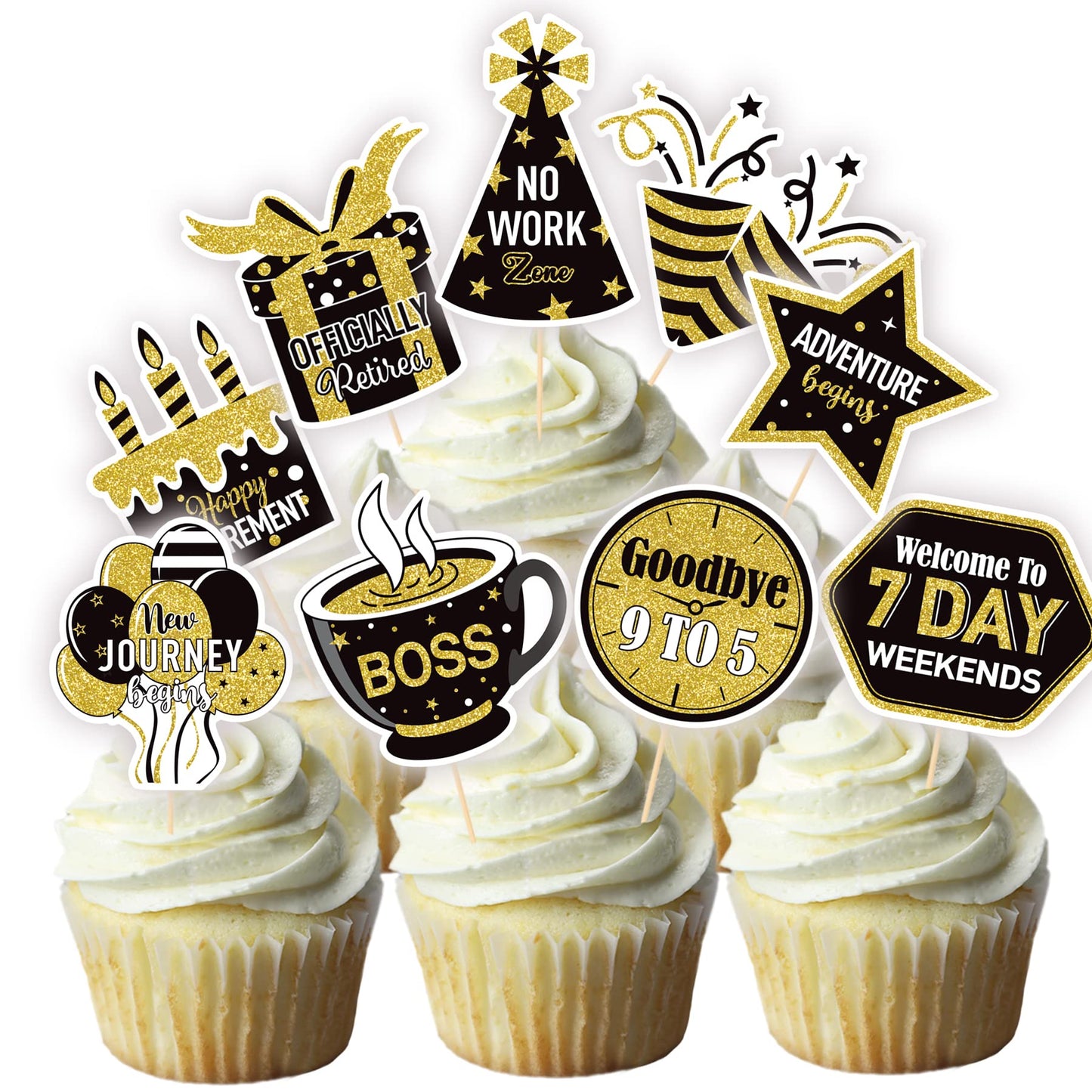 NANAGALI Happy Retirement Cupcake Toppers, 36 Pcs Gold Glitter Cake Decorations, Paper, No DIY, Retirement Theme