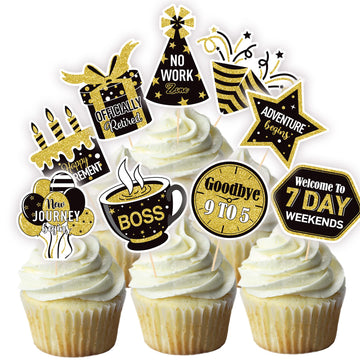NANAGALI Happy Retirement Cupcake Toppers, 36 Pcs Gold Glitter Cake Decorations, Paper, No DIY, Retirement Theme