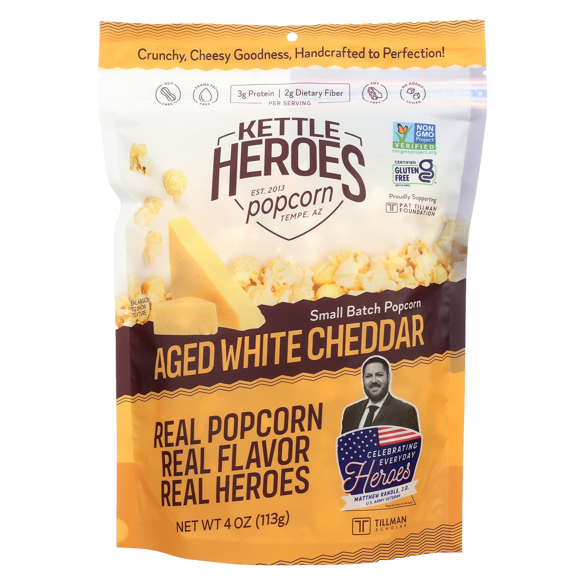 Kettle Heroes, Aged White Cheddar Popcorn - 4 Oz. - Gluten-free - Nut-free - Non-GMO - Kosher