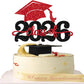 YCTHUNFISH Graduation Cake Topper - Class of 2026 Glitter Cap Decoration, Black & Red, Bamboo Material
