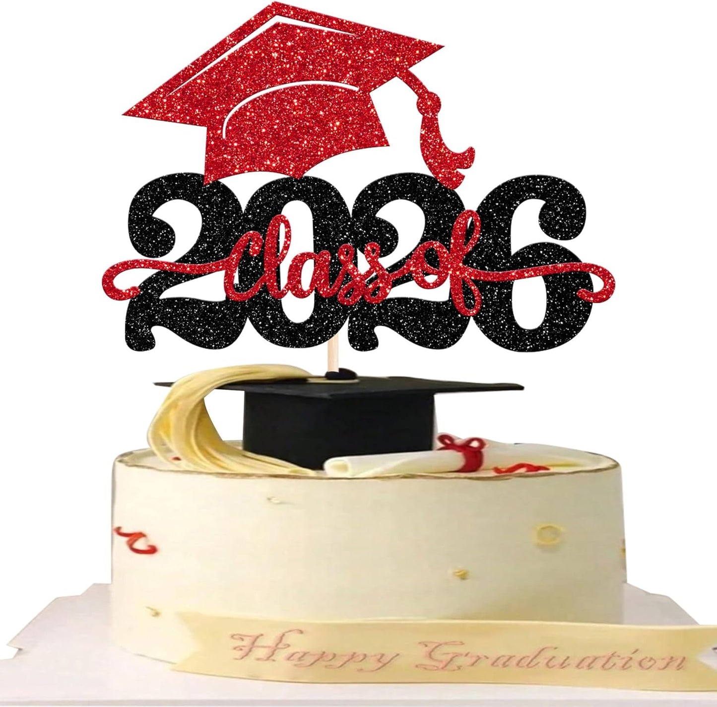 YCTHUNFISH Graduation Cake Topper - Class of 2026 Glitter Cap Decoration, Black & Red, Bamboo Material