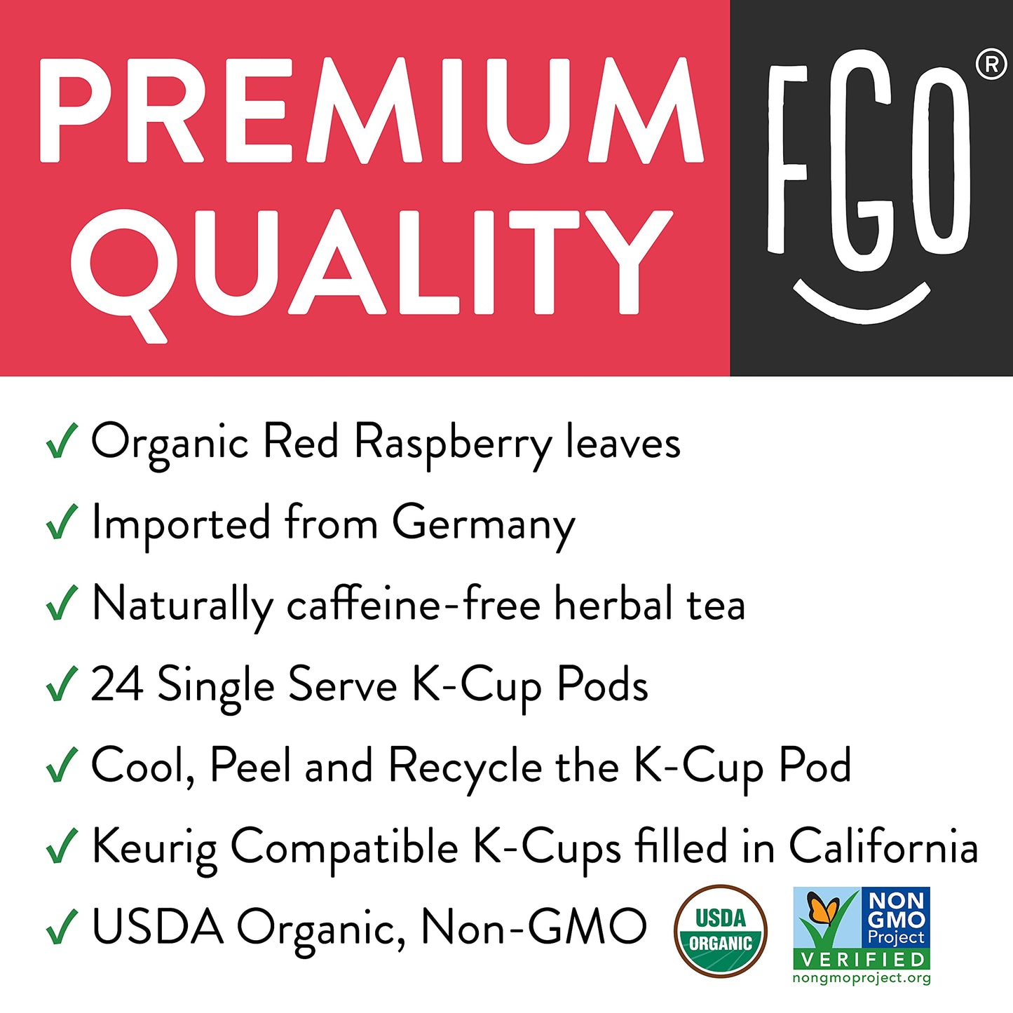 FGO Organic Raspberry Tea K-Cup Pods, Naturally Caffeine-Free, 24 Count, Keurig Compatible