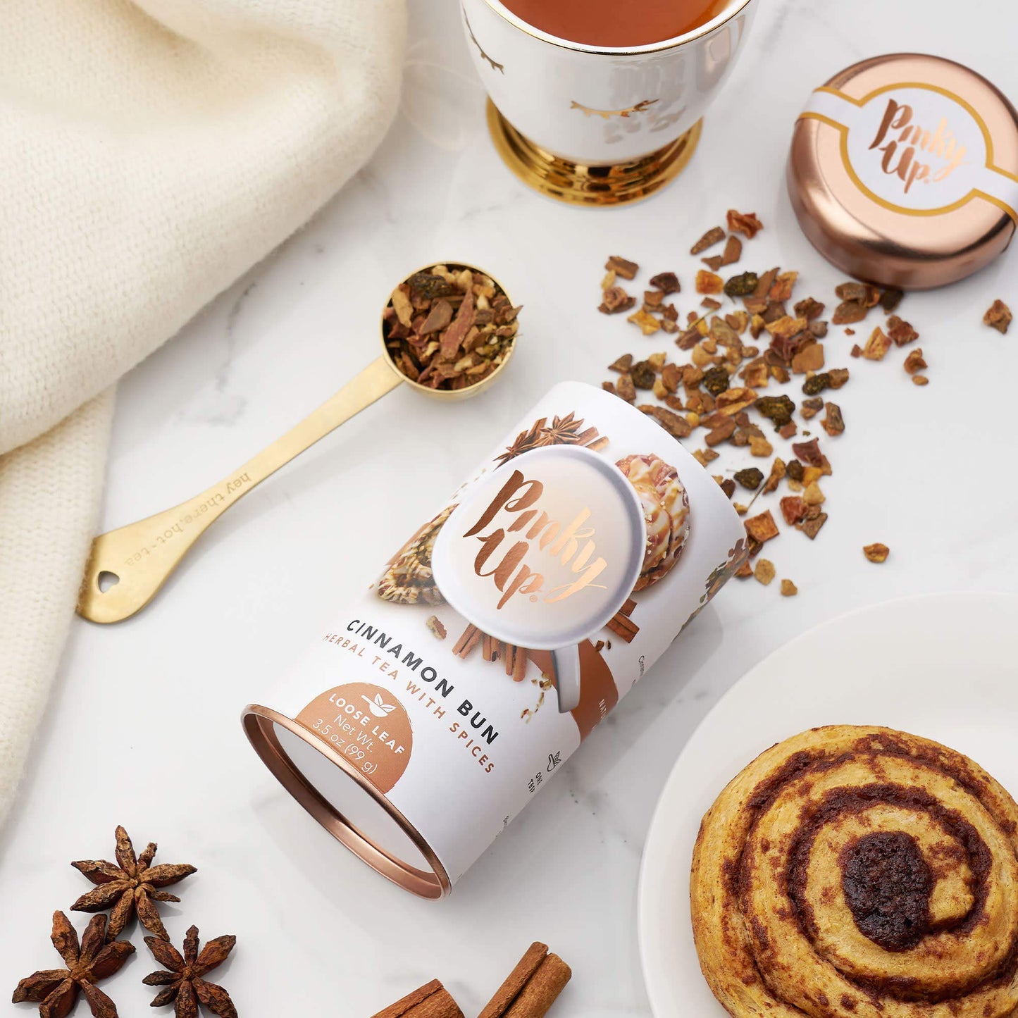 Pinky Up Cinnamon Bun Herbal Tea, Caffeine Free, 3.5 Ounce Tin, White, 25 Servings, Model 5408