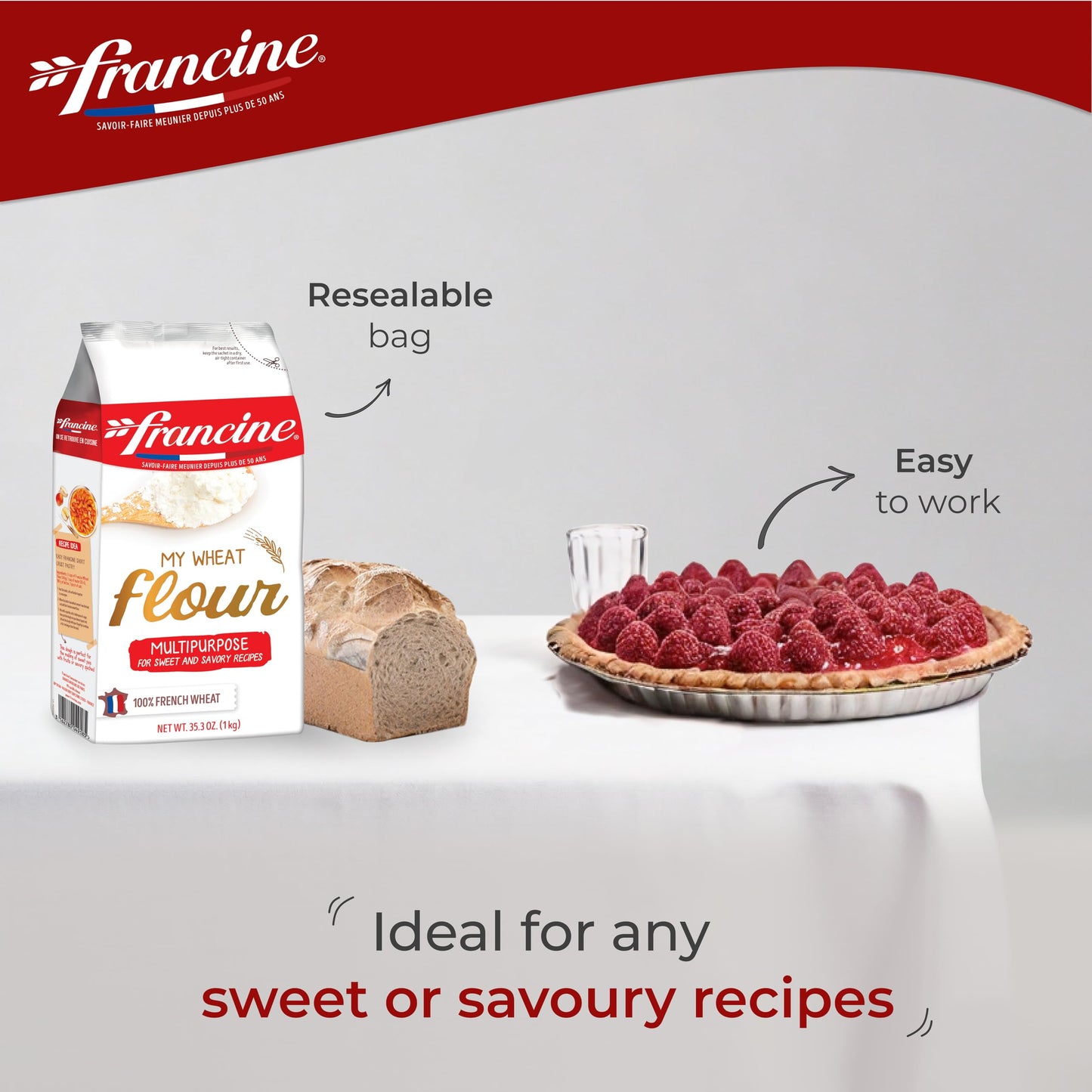 Francine Farine De Ble Tous Usages - French All Purpose Wheat Flour - 2.2 Lbs (1 Pack Of 4)