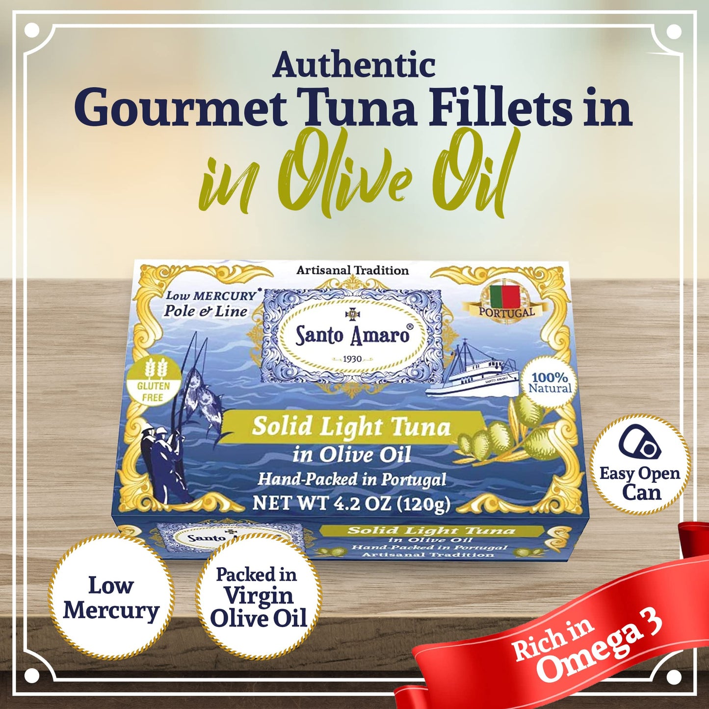 Santo Amaro Artisanal Wild Tuna Fillets in Olive Oil, 4.2 oz (Pack of 6), Low Mercury, High Protein, Canned Tuna from Portugal