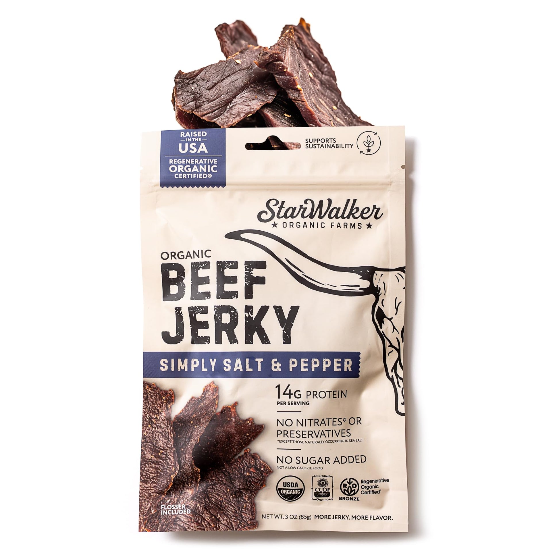 StarWalker Organic Farms Simply Salt and Pepper Beef Jerky - Organic, Regenerative Organic Certified, 42g Protein, No Nitrates, 