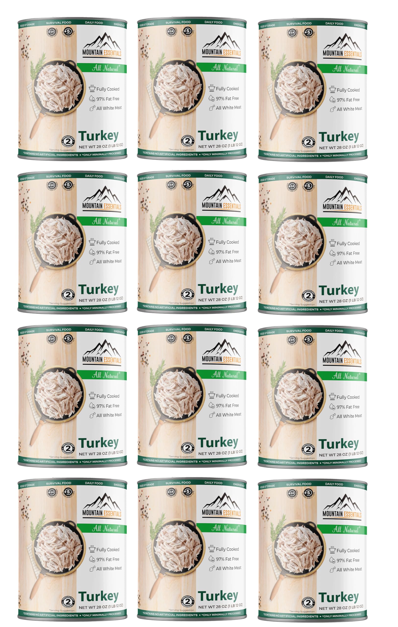 MOUNTAIN ESSENTIALS Canned Turkey – Fully Cooked White Meat – Pack of 12 – 28 Oz Each – 5-Year Shelf Life – Made in USA