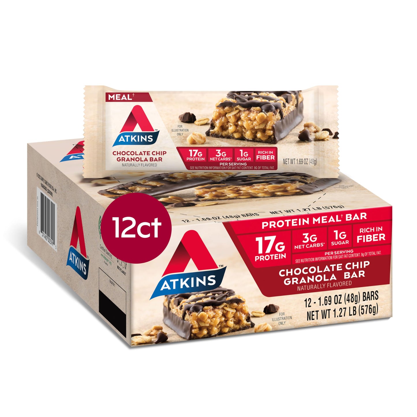 Atkins Chocolate Chip Granola Protein Meal Bar, 17g Protein, 1g Sugar, Keto Friendly, 12 Count