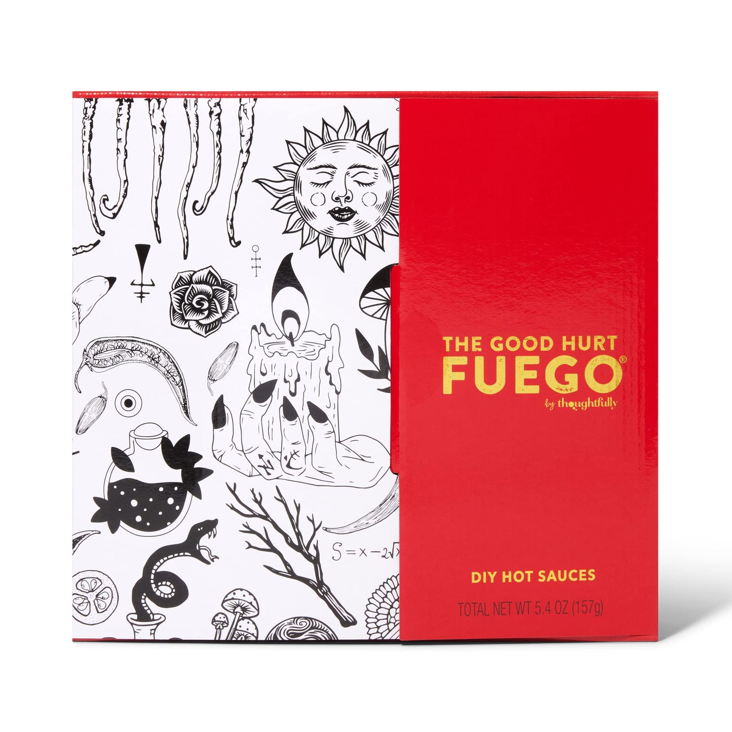 The Good Hurt Fuego by Thoughtfully, DIY Hot Sauce Set, Hot Sauce Making Kit Includes 4 Skull Shaped Reusable Glass Jars, 2 Funn