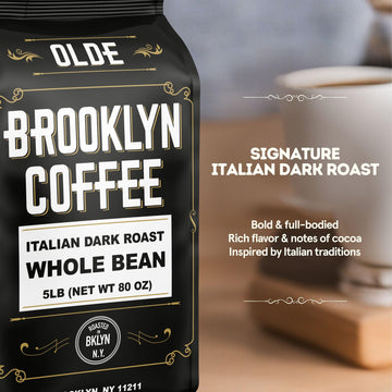 Brooklyn Coffee Whole Bean, Italian Dark Roast (5Lb) Extra Strong, Delicious Taste, Heavenly Aroma - Fresh Bulk Coffee Beans Roa