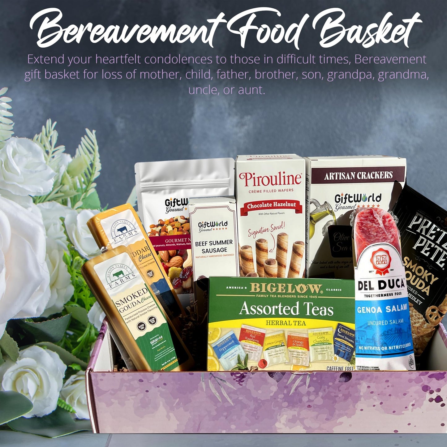 GiftWorld Sympathy Gift Basket - Meat and Cheese, Bereavement Idea, 16 Ounce, 9 Gourmet Items