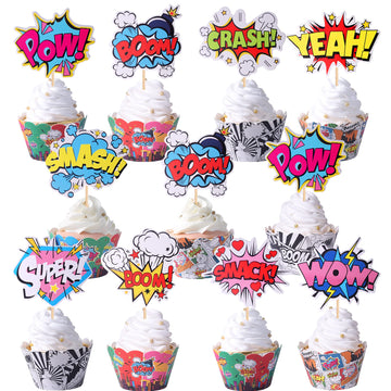 36 Pcs Superheros Cupcake Toppers And Wrappers Boom Pow Hero Cupcake Picks For Celebrating Kids Heros Theme Baby Shower Birthday