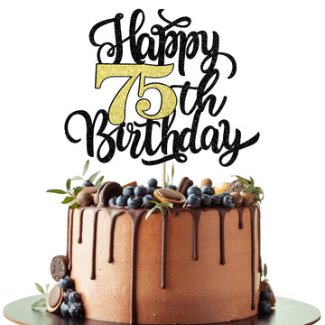 Leetaivie Happy 75Th Birthday Cake Topper, Black Gold Glitter Birthday Cake Topper, 75Th Anniversary/ 75Th Birthday Party Decora