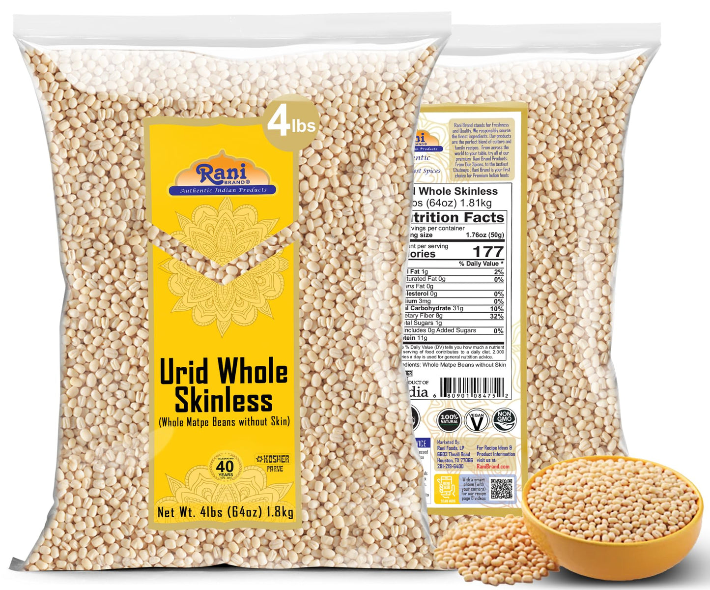 Rani Urid/Urad Gota White (Matpe Beans Skinless) Indian Lentils 64Oz (4Lbs) 1.81Kg Bulk ~ All Natural | Gluten Friendly | Non-Gmo | Kosher | Vegan | Indian Origin