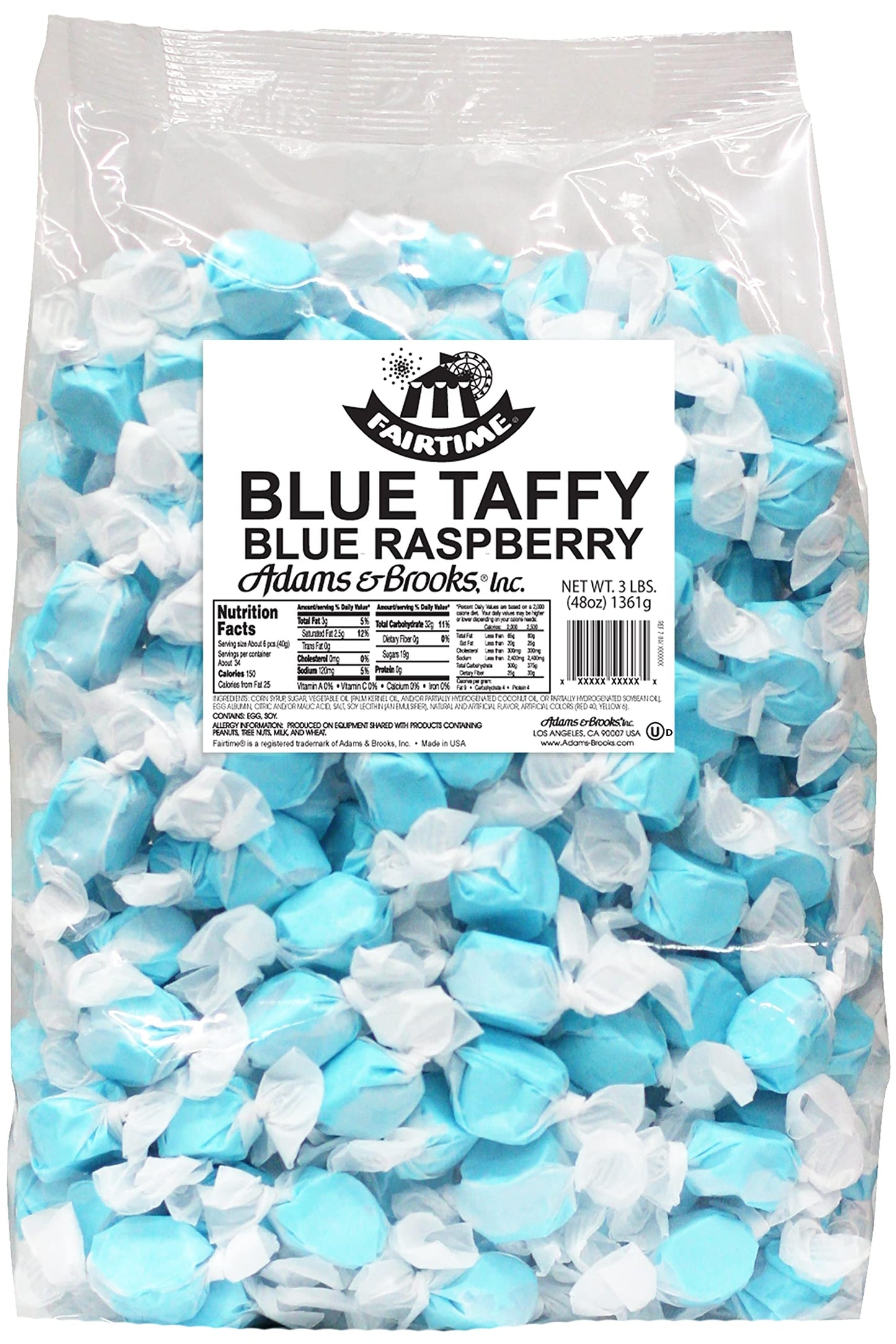 Adams & Brooks Fairtime Taffy - Bulk Blue Candy For Candy Buffets, Blue Raspberry Taffy, Blue Raspberry Candy - 3 Pounds Of Cand