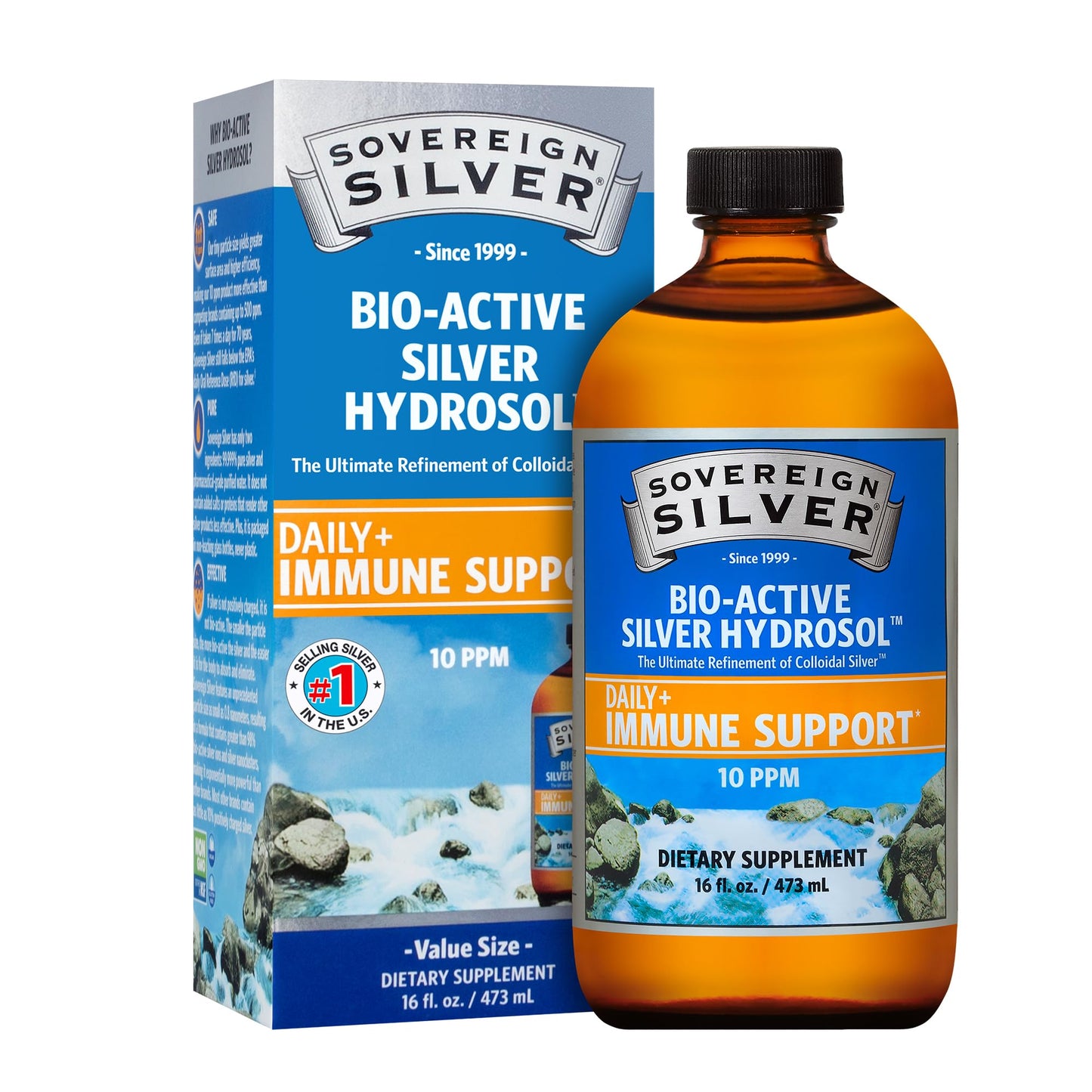 Sovereign Silver Bio-Active Silver Hydrosol for Immune Support - Colloidal Silver Liquid -10 ppm, 16oz (473mL) - Value Size