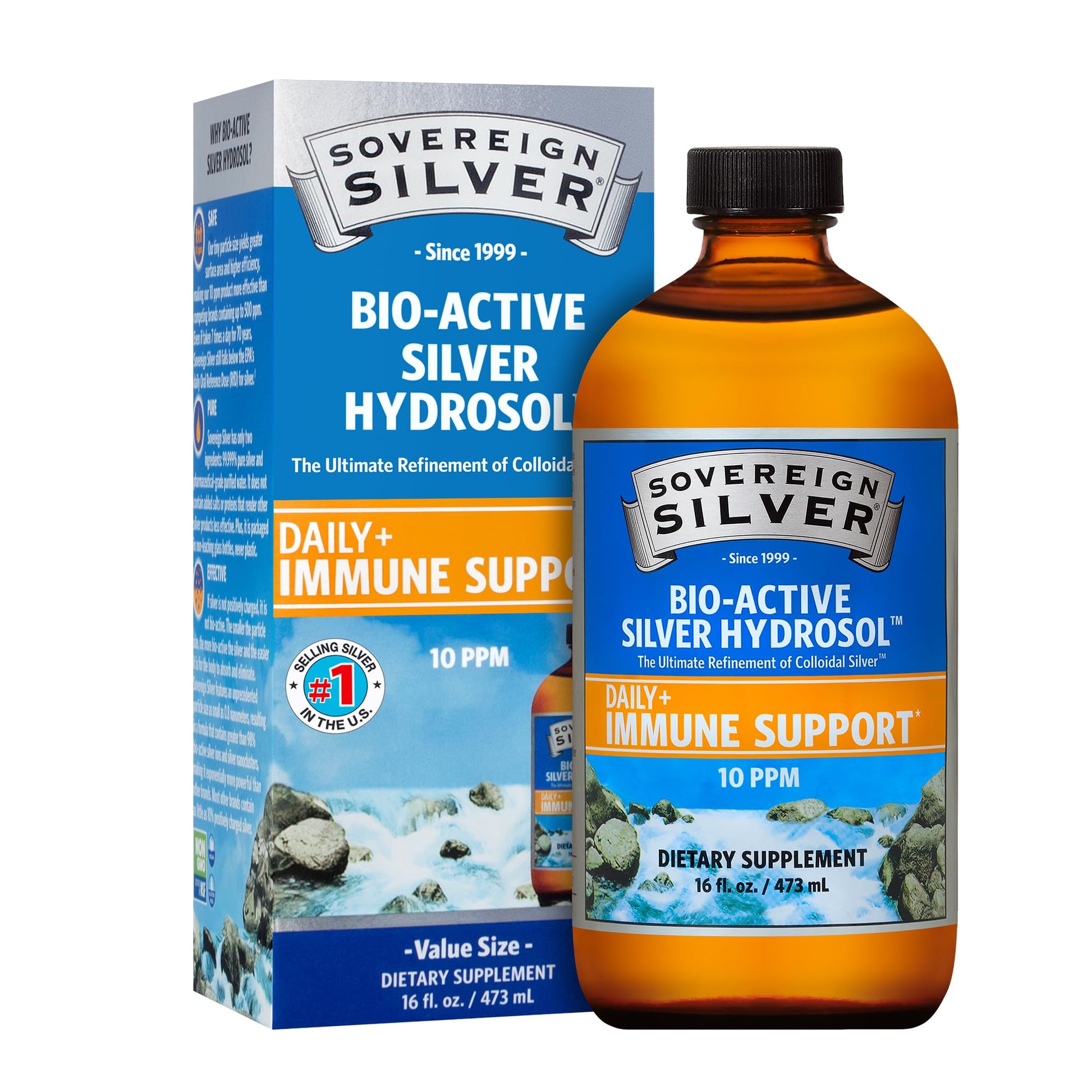 Sovereign Silver Bio-Active Silver Hydrosol for Immune Support - Colloidal Silver Liquid -10 ppm, 16oz (473mL) - Value Size