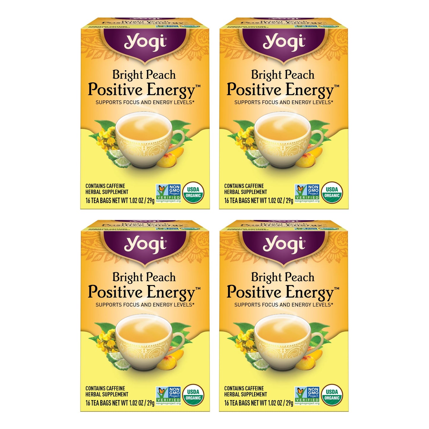 Yogi Bright Peach Positive Energy Tea - Organic Oolong & Hibiscus - 16 Tea Bags per Pack (4 Packs)