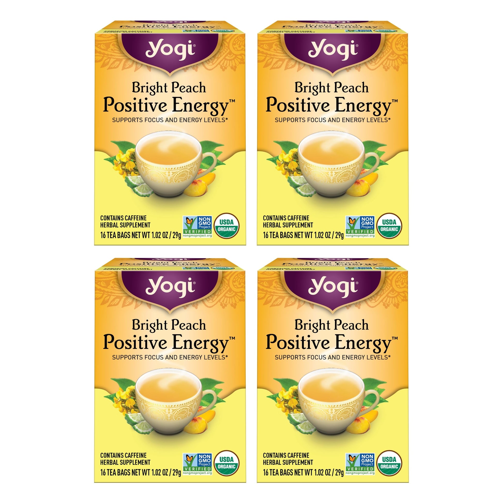 Yogi Bright Peach Positive Energy Tea - Organic Oolong & Hibiscus - 16 Tea Bags per Pack (4 Packs)