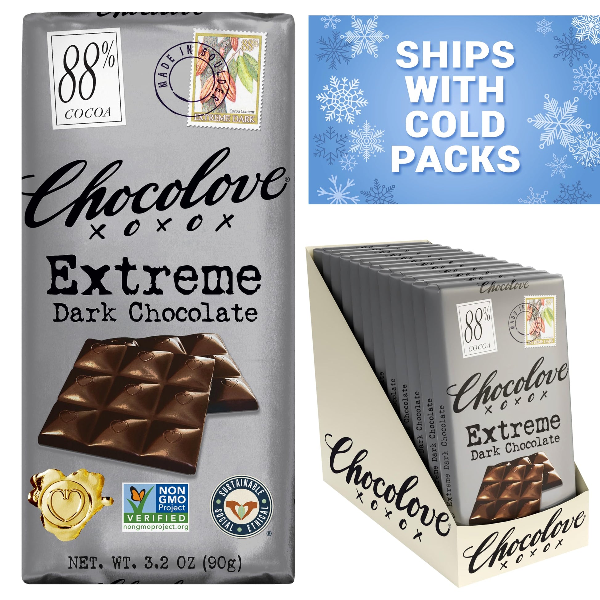 Chocolove Extreme Dark Chocolate Bars, 88% Cocoa, Non-GMO & Gluten-Free, 3.2 oz (12 Pack)