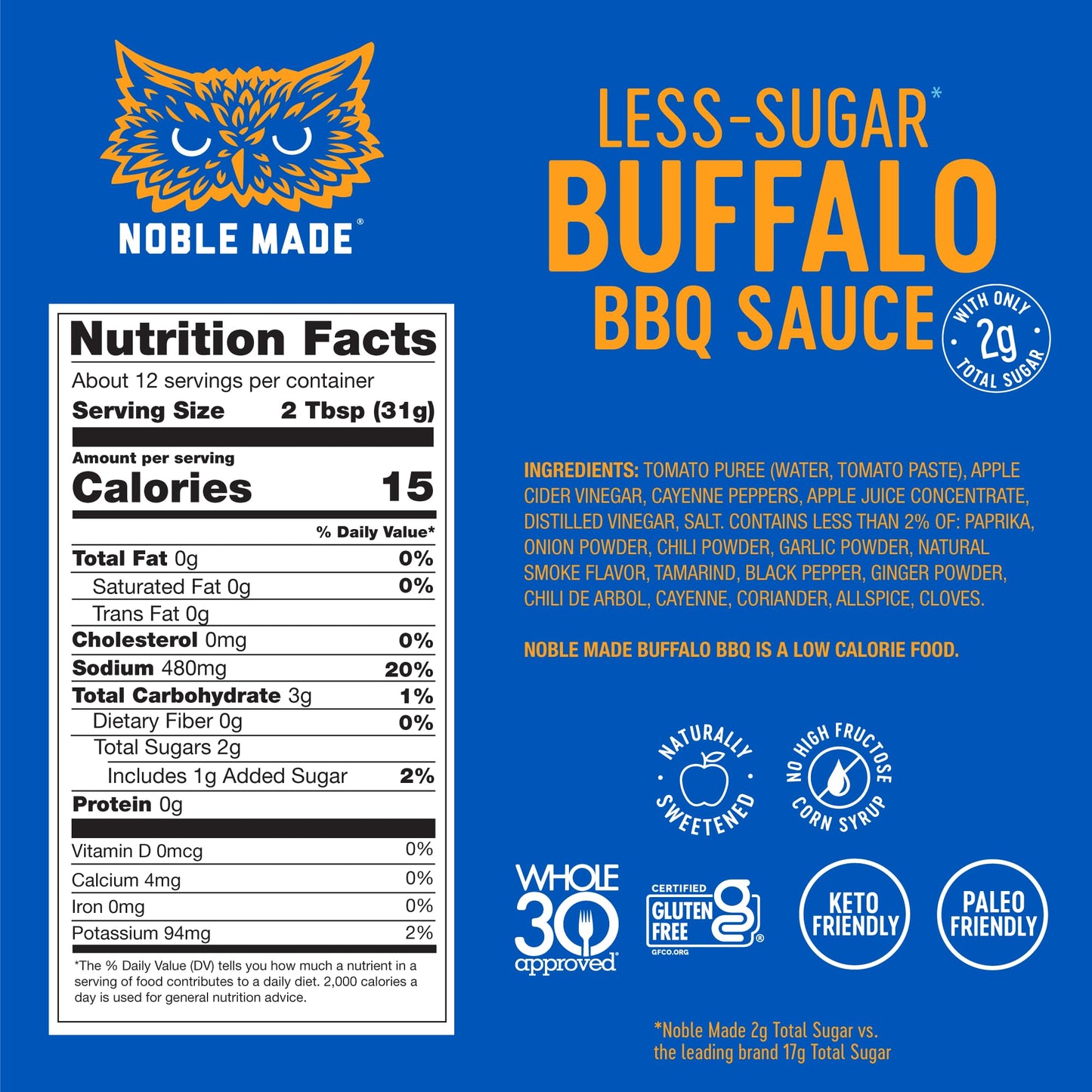 Noble Made Buffalo Bbq Sauce, Keto, Gluten Free, Vegan Dipping & Wing Sauce, Low Carb, Dairy Free, Low Calorie, Paleo, Low Sugar