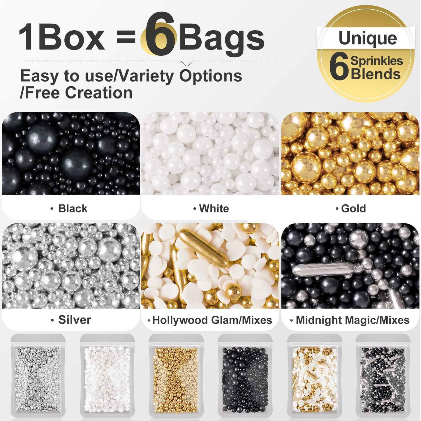 HUEBEATY 6-in-1 Edible Cake Pearl Sprinkles - Black Gold Silver White Sprinkles for Cake Decorating, Cupcakes, Cookies & Ice Cre