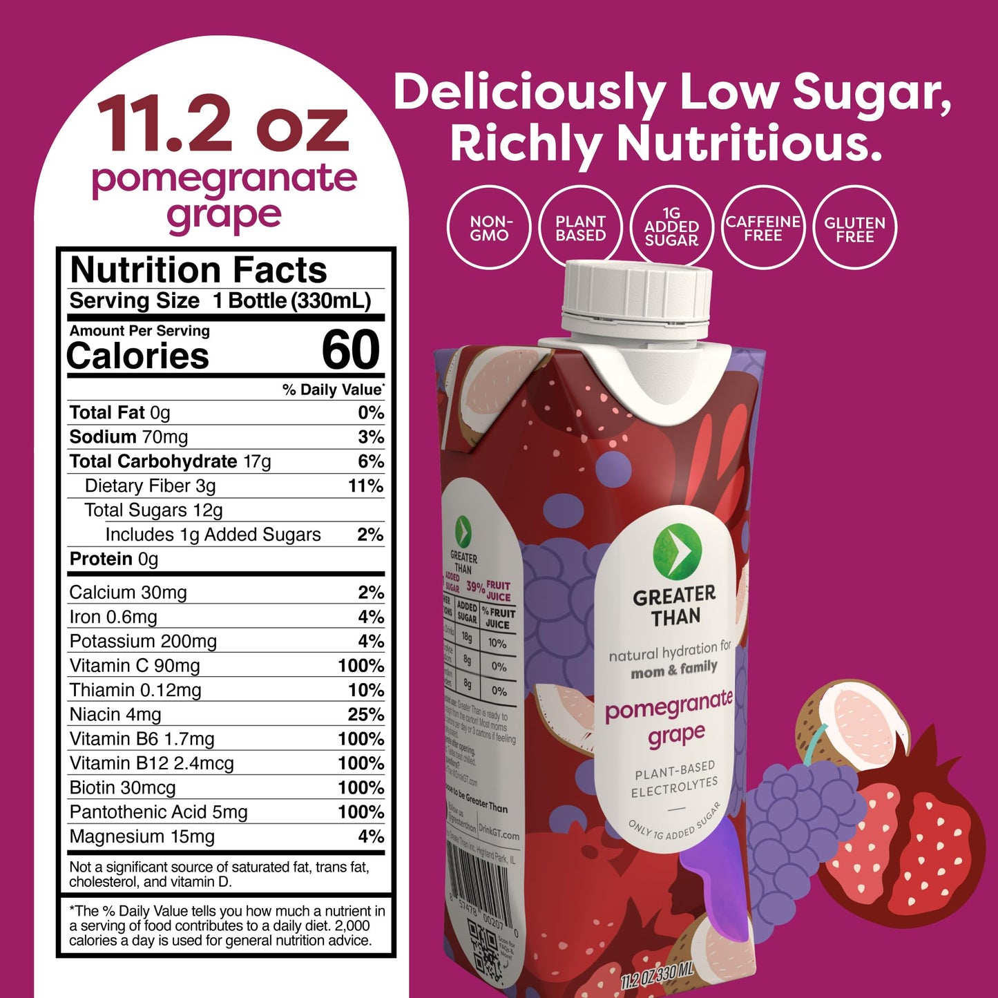 Greater Than Nutrient Hydration Beverage  Electrolyte Drink for Gut Health & Energy with Coconut Water  Vitamins  Gluten Free  Plant Based  Low Sugar  Pomegranate G  24 Pack