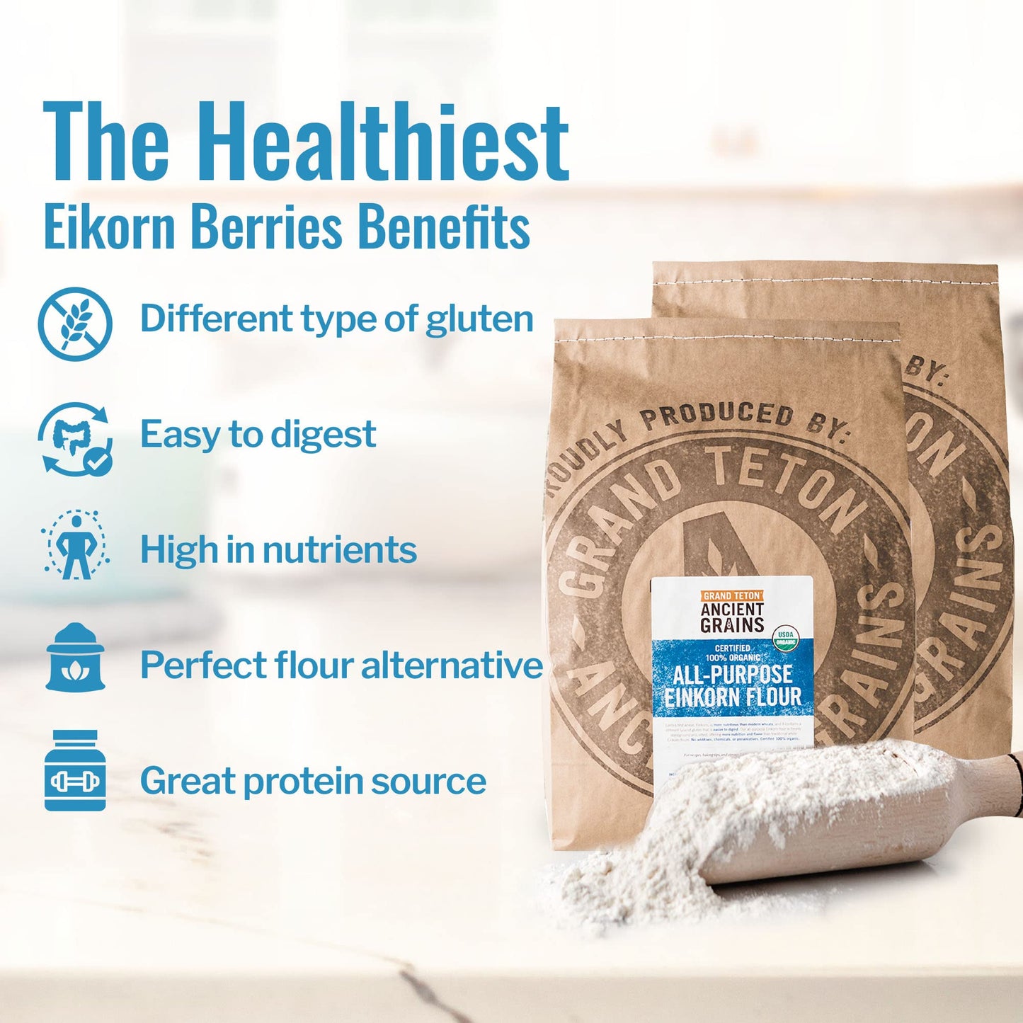 Grand Teton Einkorn Flour - 100% Organic All-Purpose, Non-GMO, 40 lbs (Pack of 2)