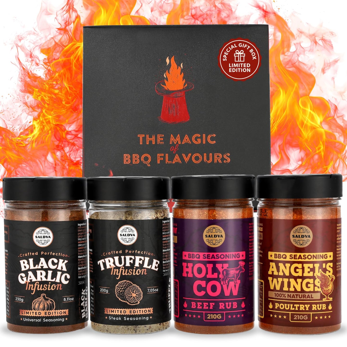 Enhanced Bbq Rub Gift Set - Holy Cow, Angel’S Wings, Black Garlic, Truffle Infusion Bbq Rubs | Pack Of 4 | 100% Natural | Spice Gift For Foodie