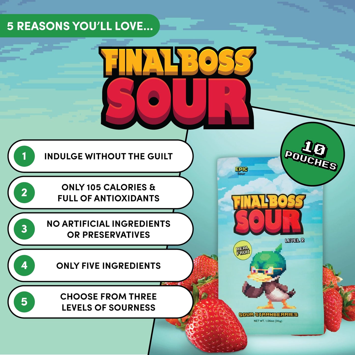 Final Boss Sour Candy  Extremely Super Sour Gummy Candy  Strawberry  LvL 2  (1.06 Ounces Bags  10 Bags) - Gummies Made with Dried Fruit  Free of Artificial Colors  Low Calorie Healthy Snack for Kids & mature-themeds