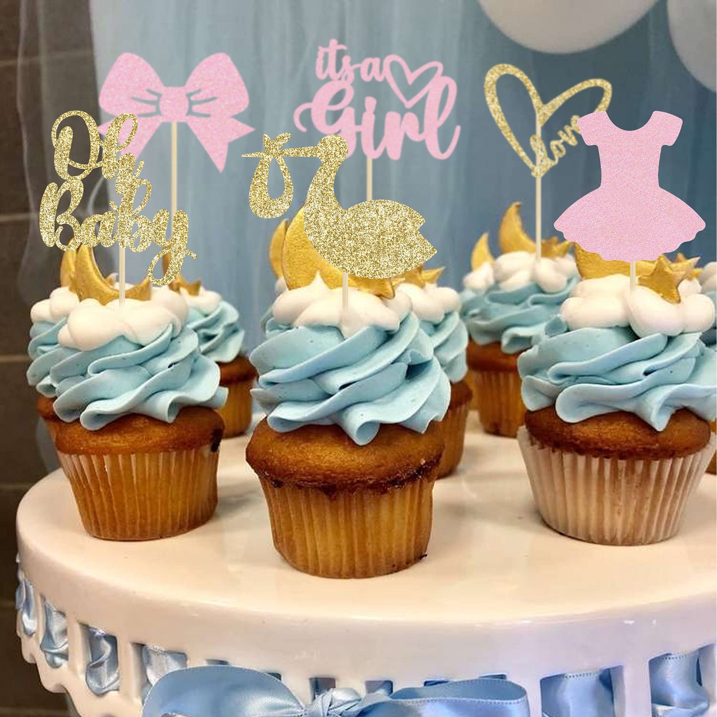 Gyufise 36 Pack Oh Baby Cupcake Toppers It'S A Girl Cupcake Toppers With Bow Dress Love Heart Glitter Cake Picks Decorations For