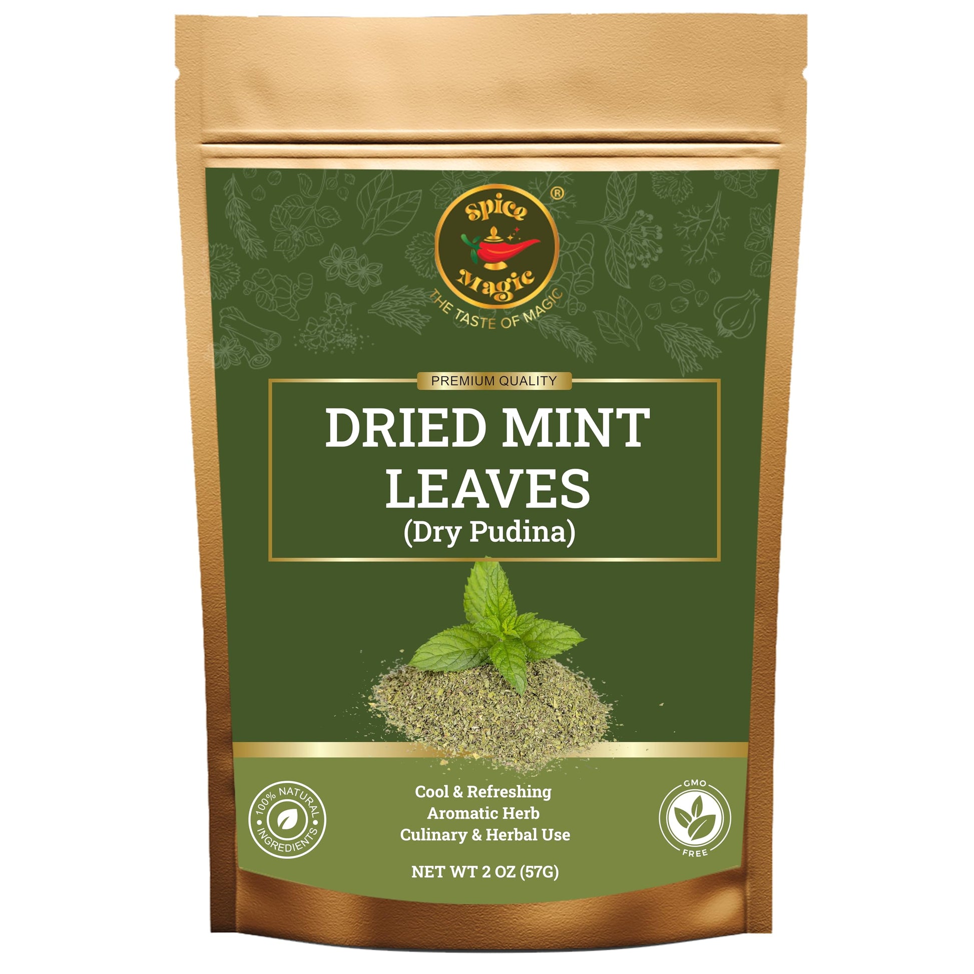 Spice Magic Dried Mint Leaves Cut & Sifted | All-Natural Herb | Perfect For Teas  Salads  Sauces & Middle Eastern Dishes | 100% Natural  Vegan  Non-Gmo I No Stems I Net Wt. 2Oz (57G)