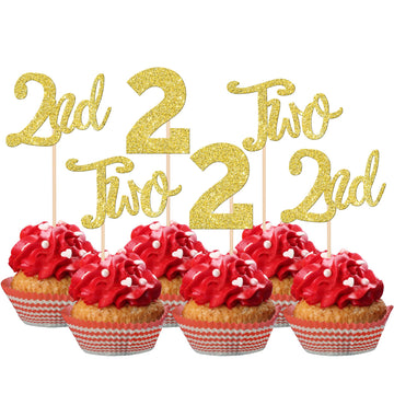 24 PCS 2nd Birthday Cupcake Toppers Glitter Second Birthday Two Cupcake Picks Number 2 Cake Toppers for Baby Shower Kids 2nd Bir