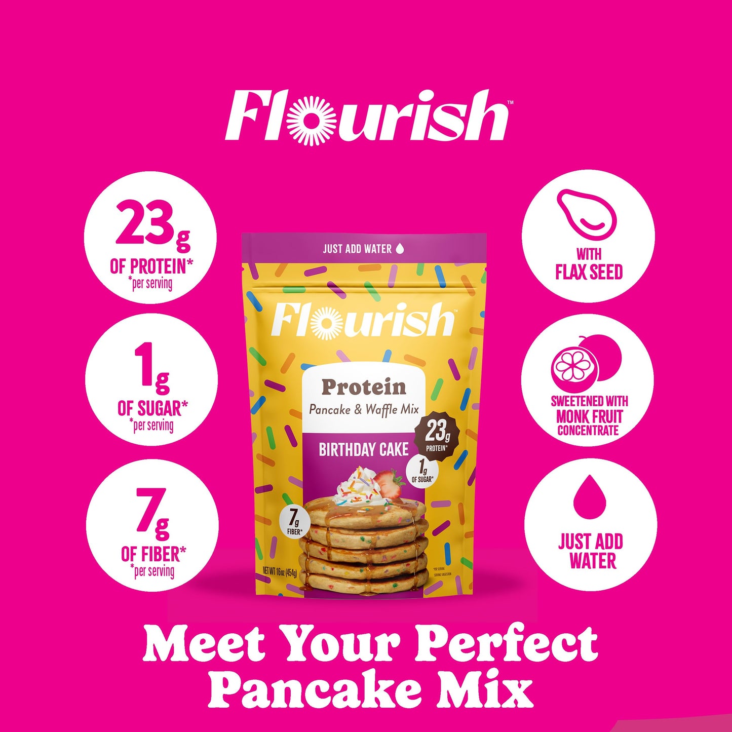 Flourish Protein Pancake & Waffle Mix, Birthday Cake Flavor, 5.06 oz (Pack of 3), High Protein, No Added Sugar, Made in Canada