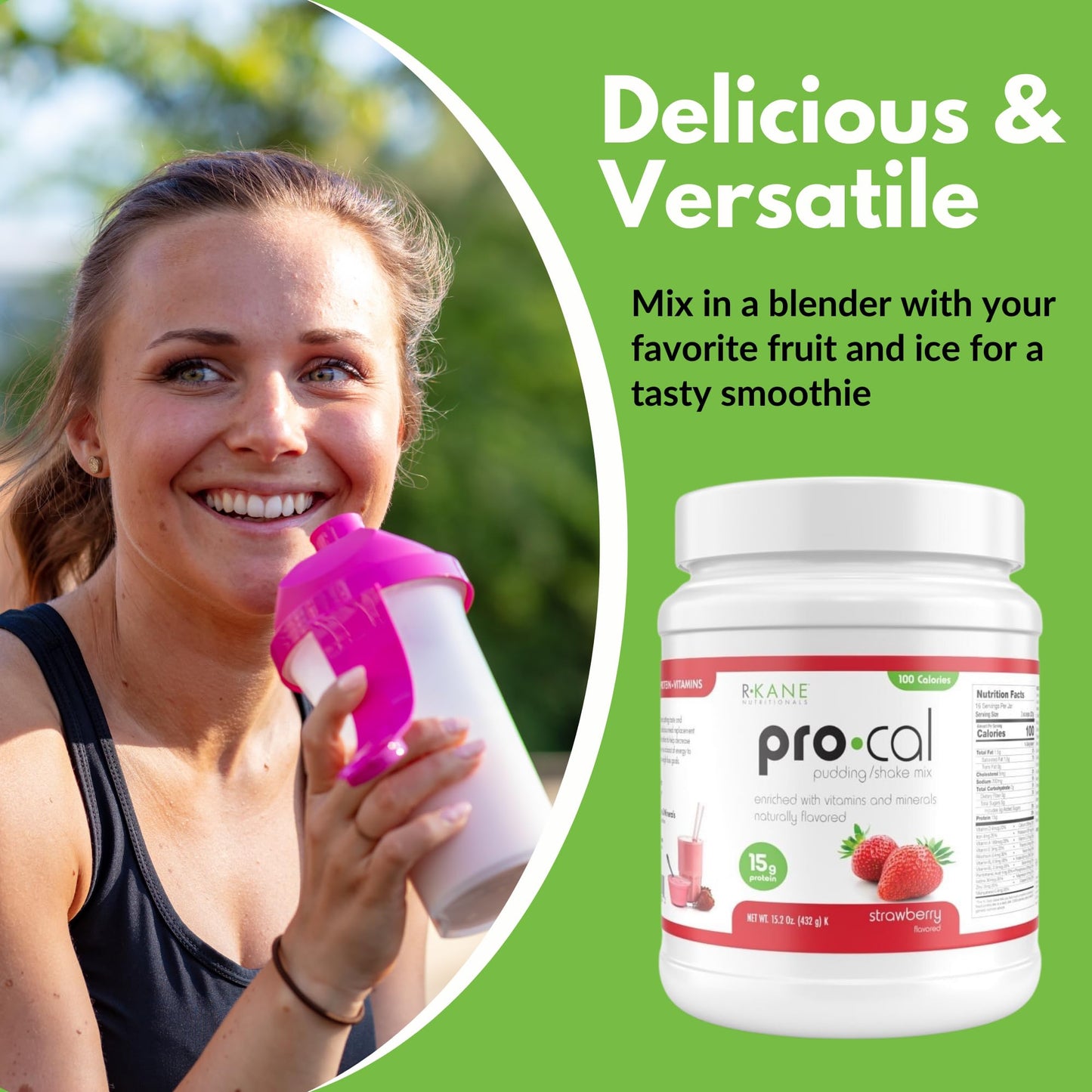 R-Kane Nutritionals Pro-Cal Strawberry Meal Replacement Powder, High Protein, Low Calorie, 16.4 oz, 16 Servings