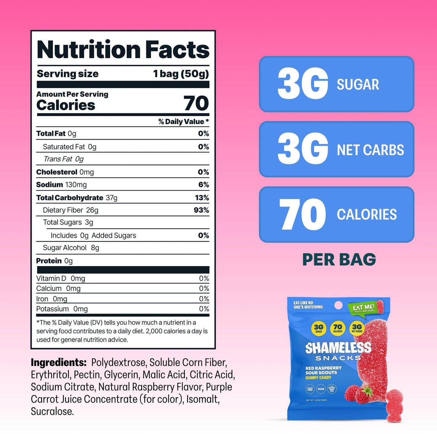 Shameless Snacks - Healthy Low Calorie Snacks, Low Carb Keto Gummies (Gluten Free Candy) - 6 Pack Red Raspberry Sour Scouts
