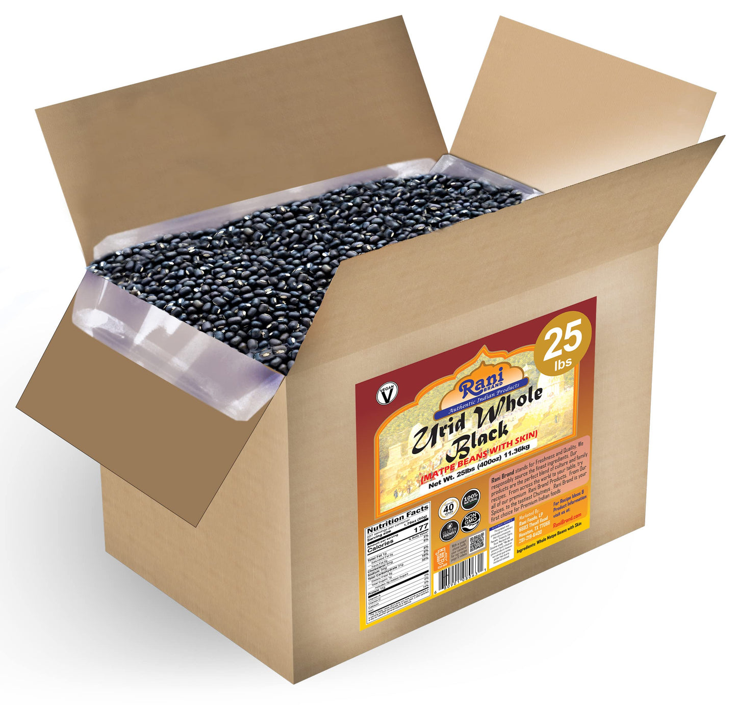 Rani Urid/Urad Whole Black (Matpe Beans with Skin) Indian Lentils 400oz (25lbs) 11.36kg Bulk Box ~ All Natural | Gluten Friendly