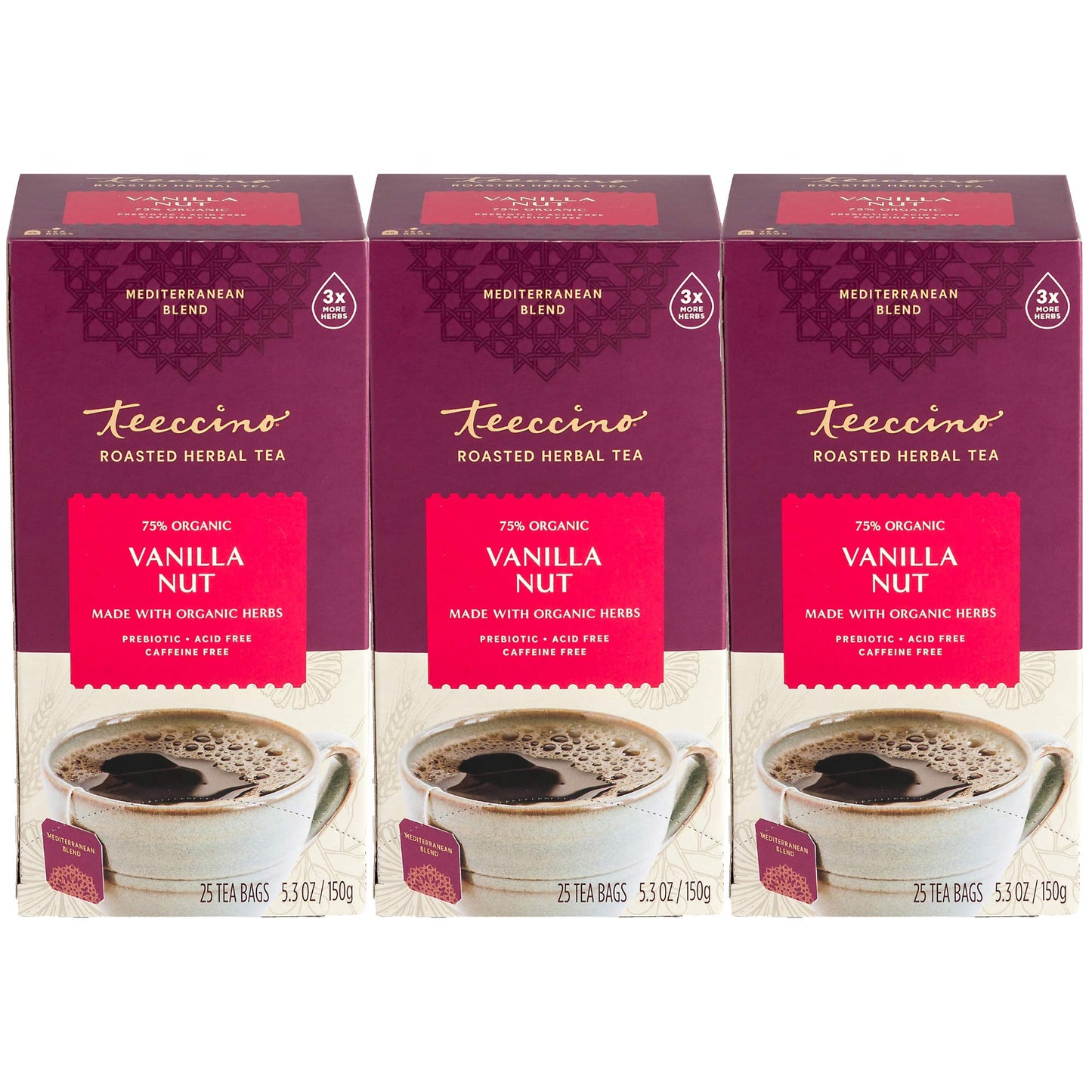 Teeccino Vanilla Nut Herbal Tea - Caffeine Free, Prebiotic, 25 Count (Pack of 3)