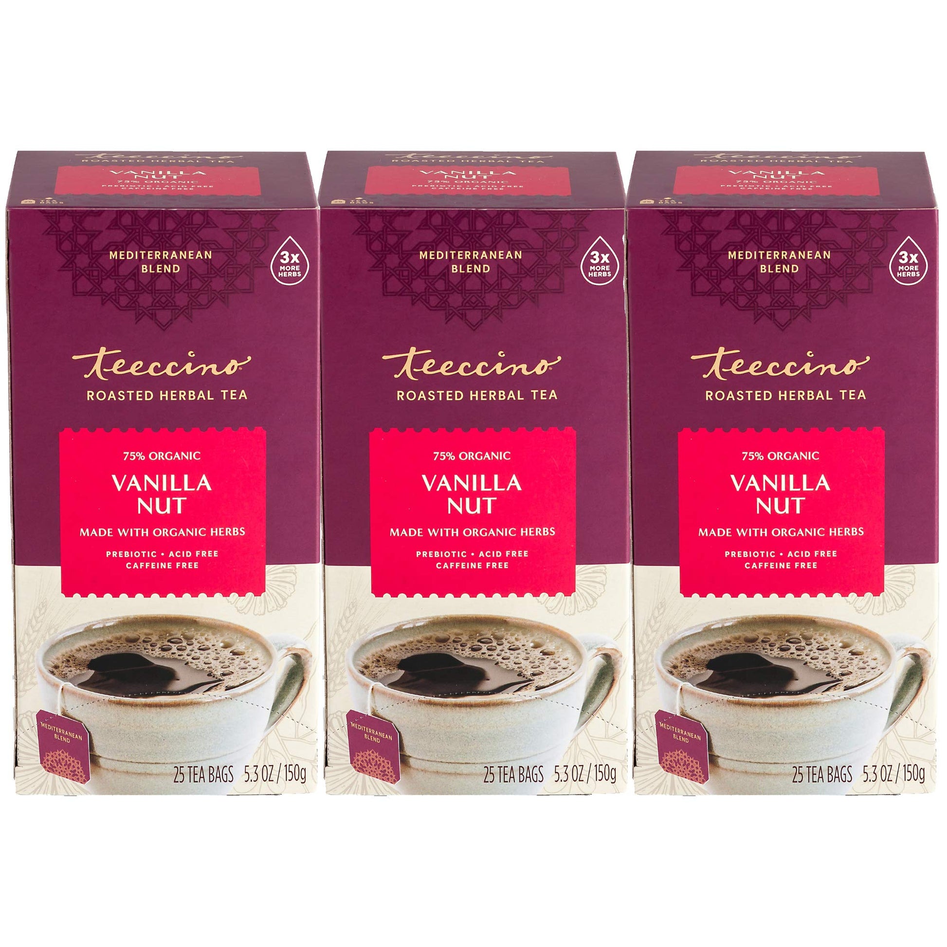 Teeccino Vanilla Nut Herbal Tea - Caffeine Free, Prebiotic, 25 Count (Pack of 3)