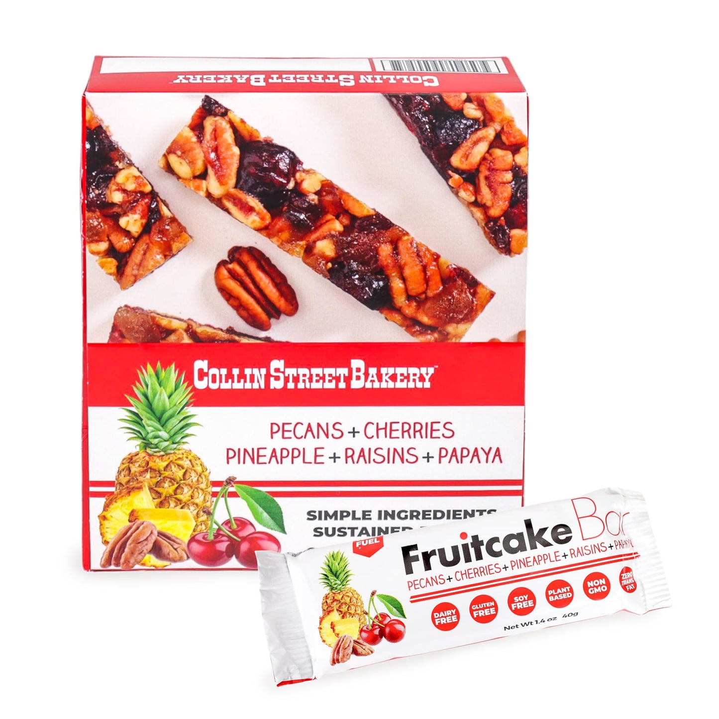 Collin Street Bakery Fruitcake Bar - Chewy Breakfast Bar & On-The-Go Snack - Gluten Free, Soy Free, & Dairy Free Fruit & Nut Bar - Individually Wrapped Soft Snack Bars (1.4.Oz Each) - 12 Pack