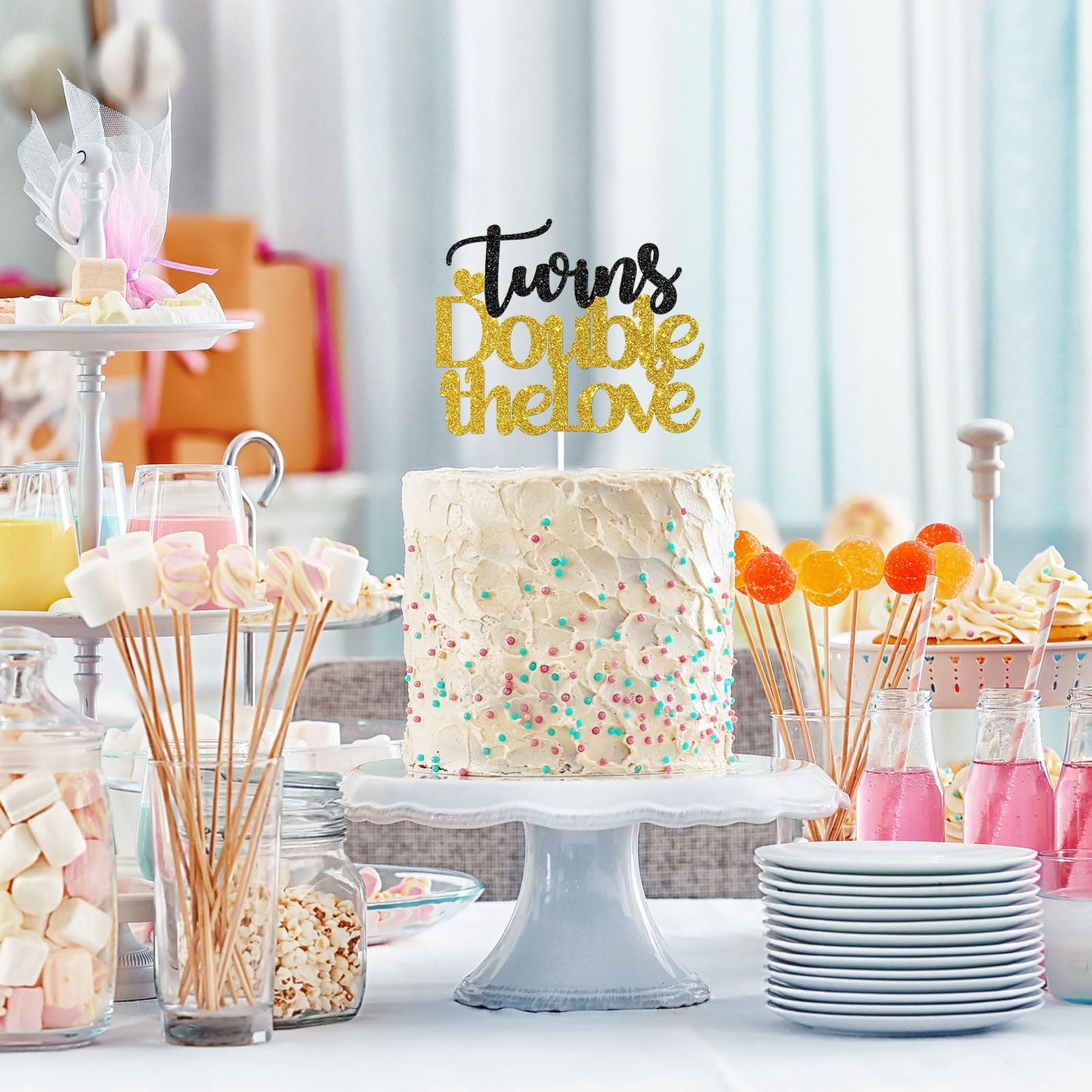 Talorine Twins Double The Love Cake Topper, Gold Black Glitter, Cardboard