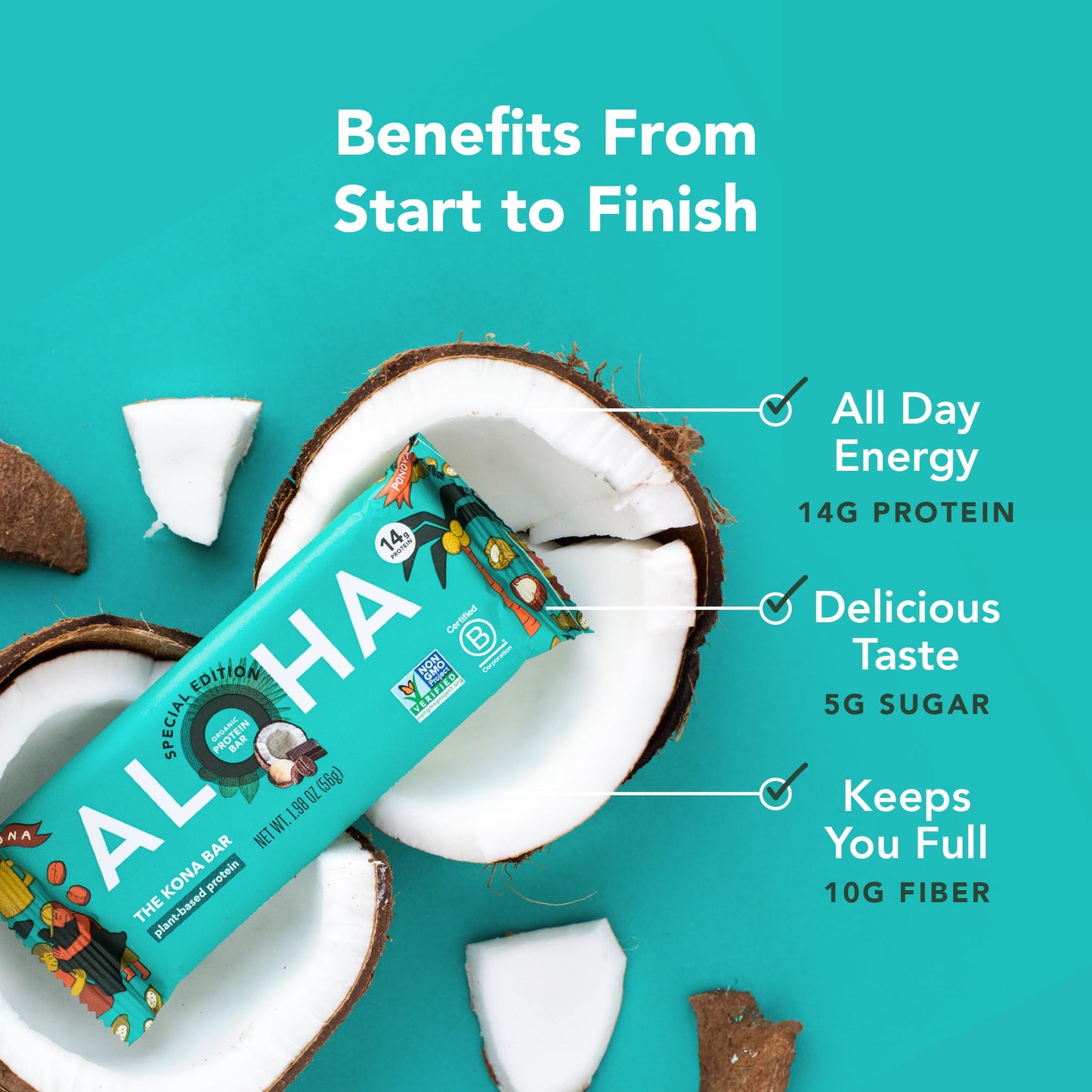 ALOHA Organic Plant Based Protein Bars - Peppermint White Chocolate, Vegan, Low Sugar, 1.98 oz (Pack of 12)