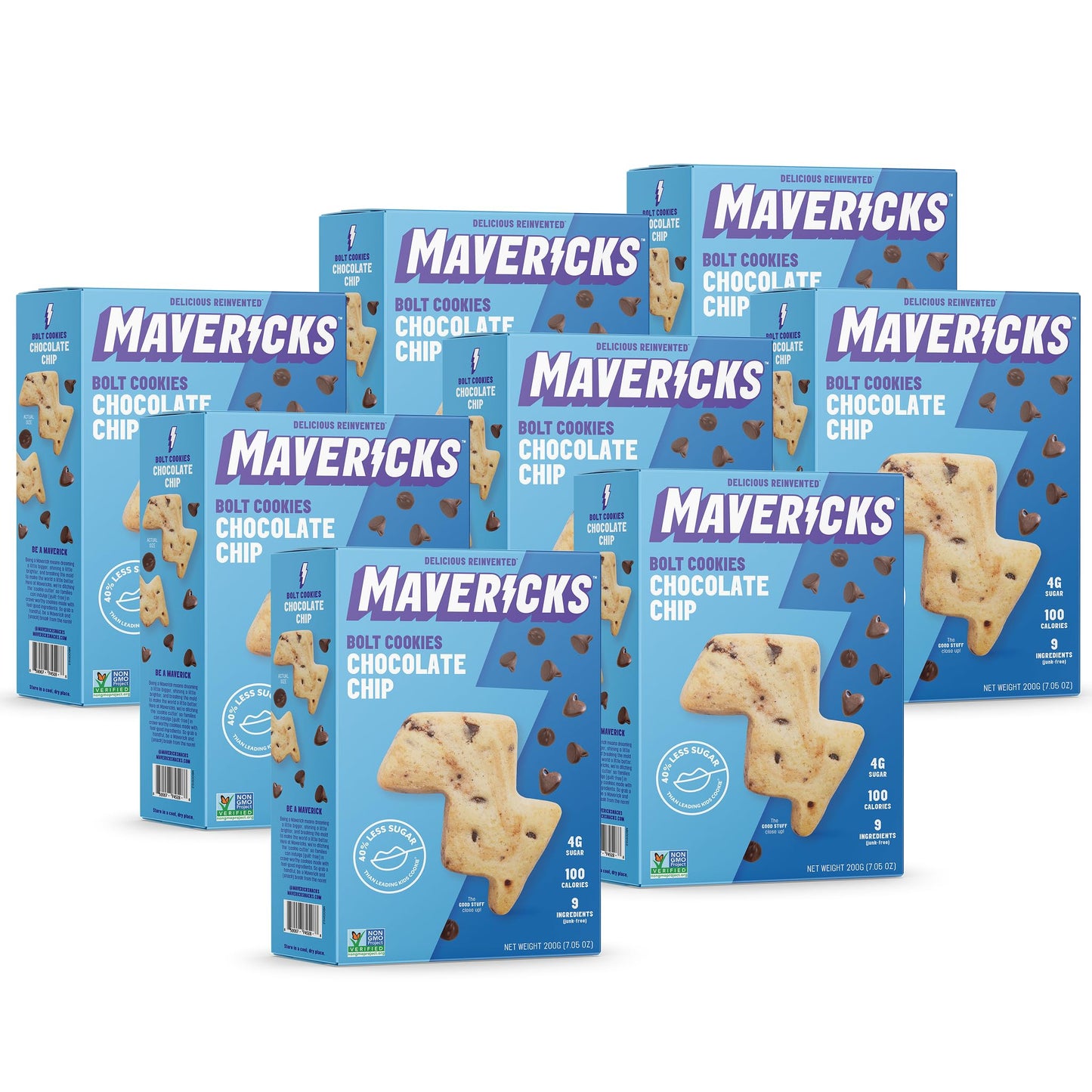 MAVERICKS Chocolate Chip Bolt Cookies - Plant-Based, Nut Free, 40% Less Sugar - 7 oz Box (8 Pack)