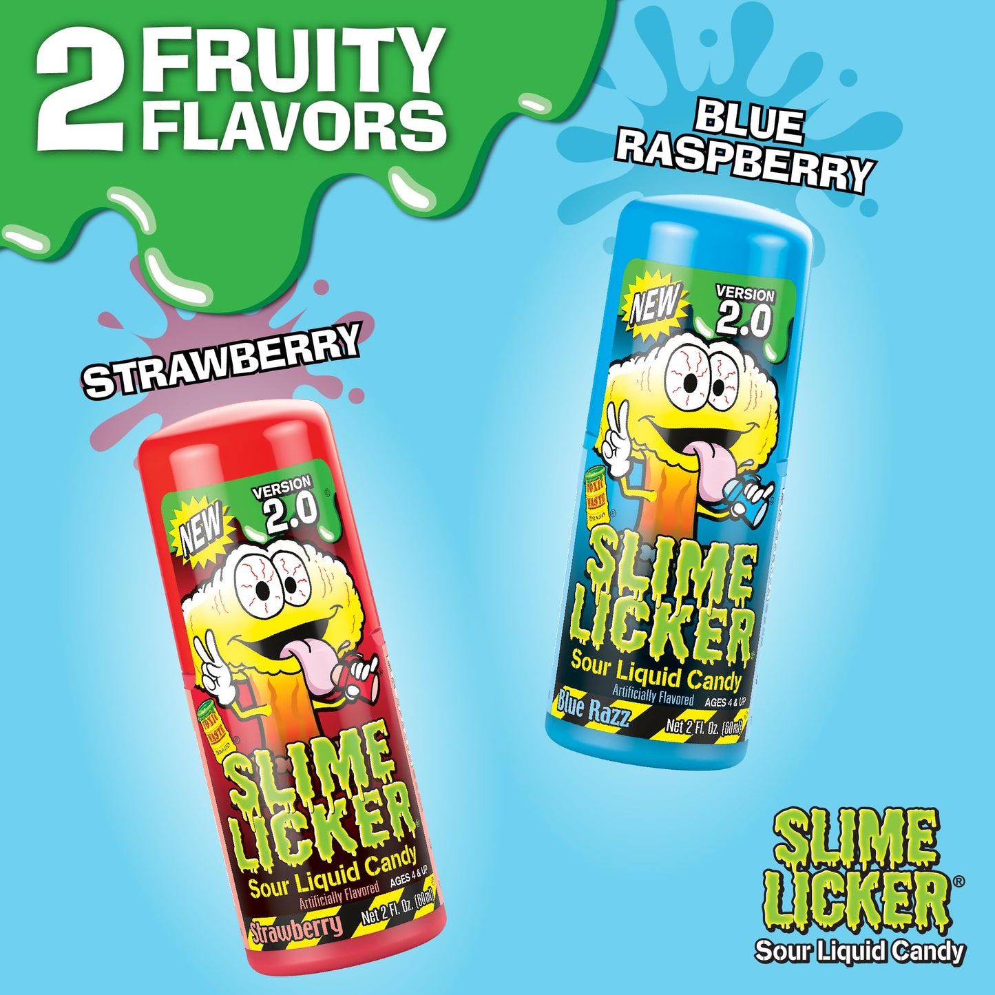 Toxic Waste - Slime Licker 2.0 - Sour Liquid Candy - Flavors: 1 Strawberry & 2 Blue Razz - 2 Oz. Bottles - 3 Pack