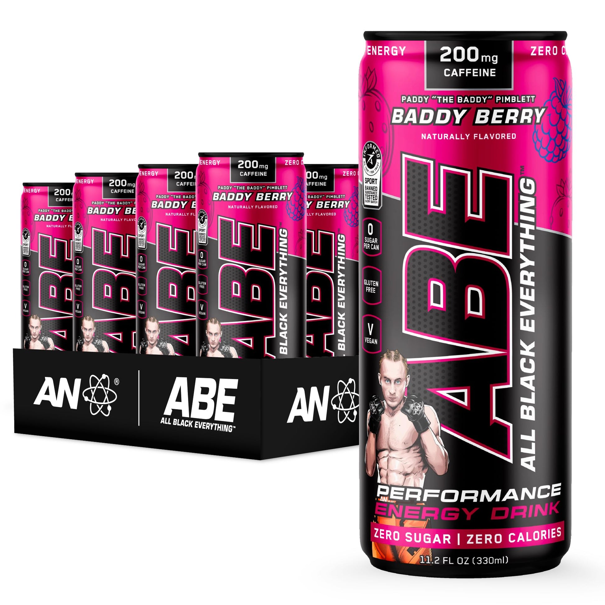 Abe Energy + Performance Sugar Free Energy Drink - All Black Everything Drink With Energy Blend  Vitacholine  Dynamine  Citrulline Malate (11Oz Can - Pack Of 12) (Baddy Berry)