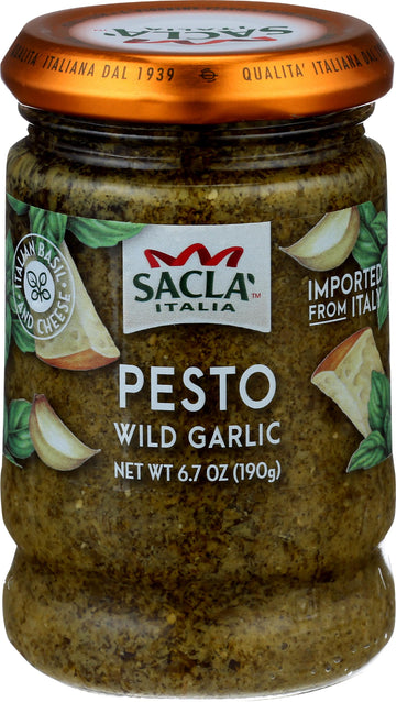SACLA Wild Garlic Pesto Sauce | Basil & Wild Garlic Italian Pesto with Parmigiano Reggiano & Pecorino Romano Cheeses | 6.7 oz Gl